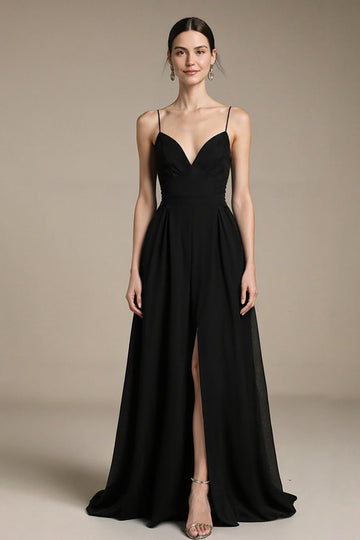 A Line Black V Neck Evening Dress with Slit